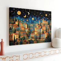 Whimsical Starry Night Village Printable Wall Art | Digital Download | Horizontal Printable Home Decor