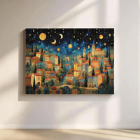 Whimsical Starry Night Village Printable Wall Art | Digital Download | Horizontal Printable Home Decor